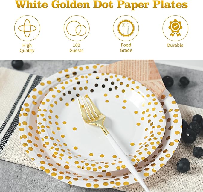 Lullaby 200PCS White Paper Plates, Disposable White and Gold Paper Plates - Image 4