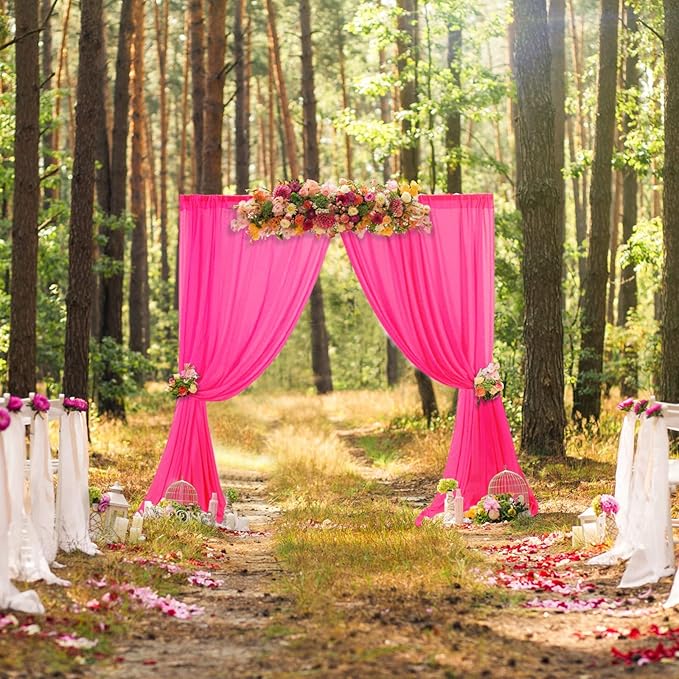 DUOBAO Hot Pink Chiffon Backdrop Curtain-2 Panels 29"x108" Wedding Backdrop - Image 3
