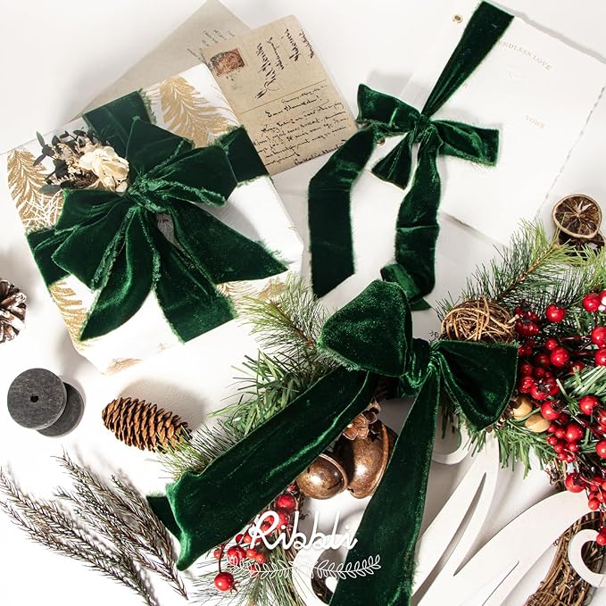 Ribbli Forest Green Velvet Ribbon 1.5 Inch Handmade Frayed Vintage Christmas - Image 4
