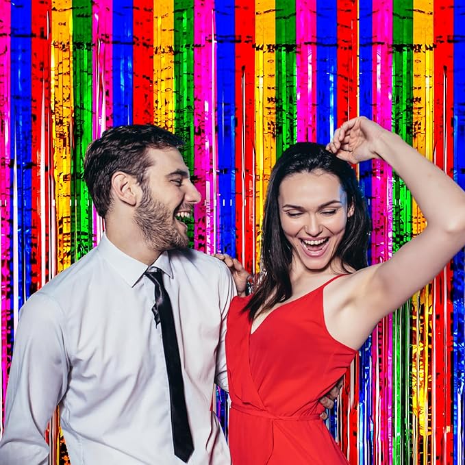 2 Pack 3.3x8.2 Feet Rainbow Foil Fringe Backdrop Curtains, Tinsel Streamers - Image 6