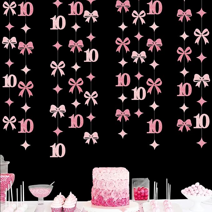 Glitter Pink 10th Bow Birthday Decorations Hot Pink Conquette Bow Garland by pinkblume