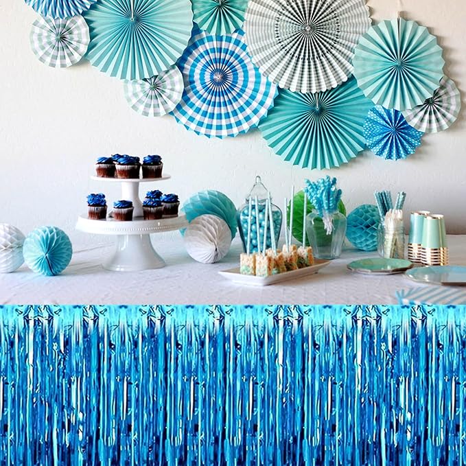 3 Pack 29 x108 Inch Lake Blue Foil Fringe Table Skirts Metallic Banner - Image 6