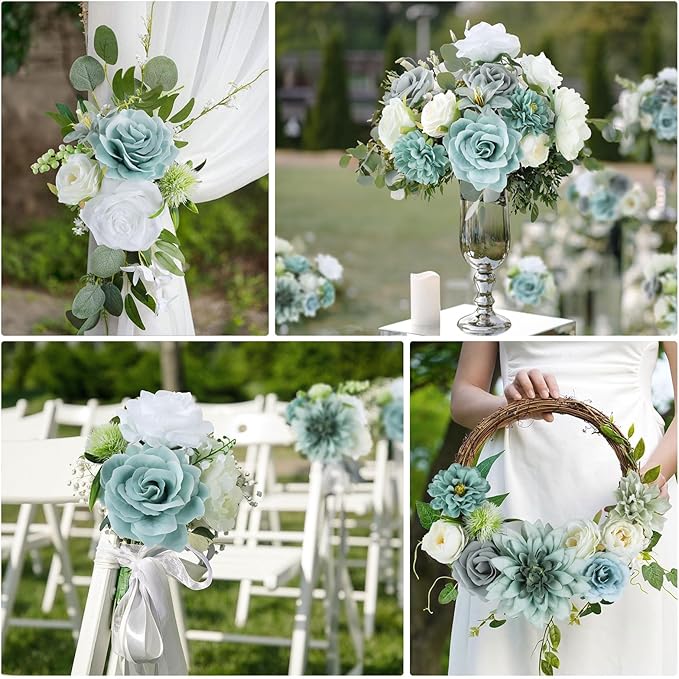 AmyHomie Teal Blue Artificial Flowers Combo Silk Mix Peony Rose Fake Flowers - Image 4