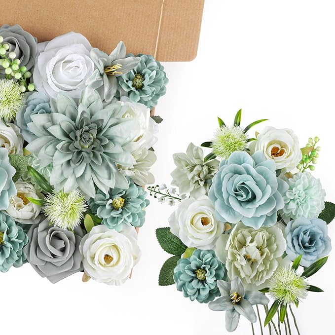 AmyHomie Teal Blue Artificial Flowers Combo Silk Mix Peony Rose Fake Flowers - Image 7