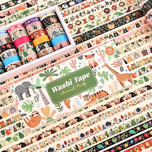 36 Rolls Animal Theme Washi Tape Set, Colorful Cute Adorable Animals Writable - Image 6
