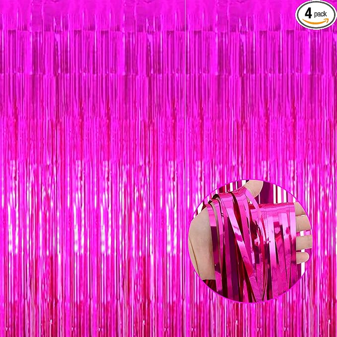 4 Pack Fuchsia Foil Fringe Curtain Backdrop, 3.28Ft x 8.2Ft Metallic Tinsel by Unknown