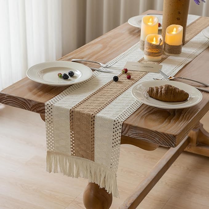 Boho Table Runner Cream Beige Brown - Image 3