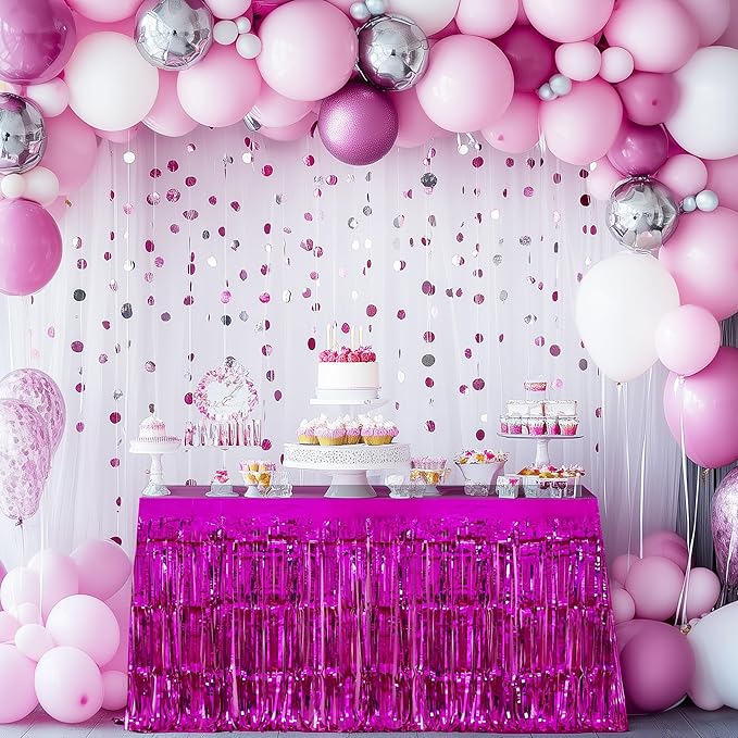 2 Pack Rose Red Table Skirts, 29x108" Metallic Foil Tinsel Fringe Table Skirts - Image 2