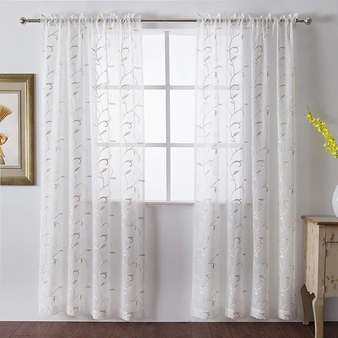 VISIONTEX White Sheer Voile Curtains, Decorative Beige Leaves Embroidery Faux - Image 2