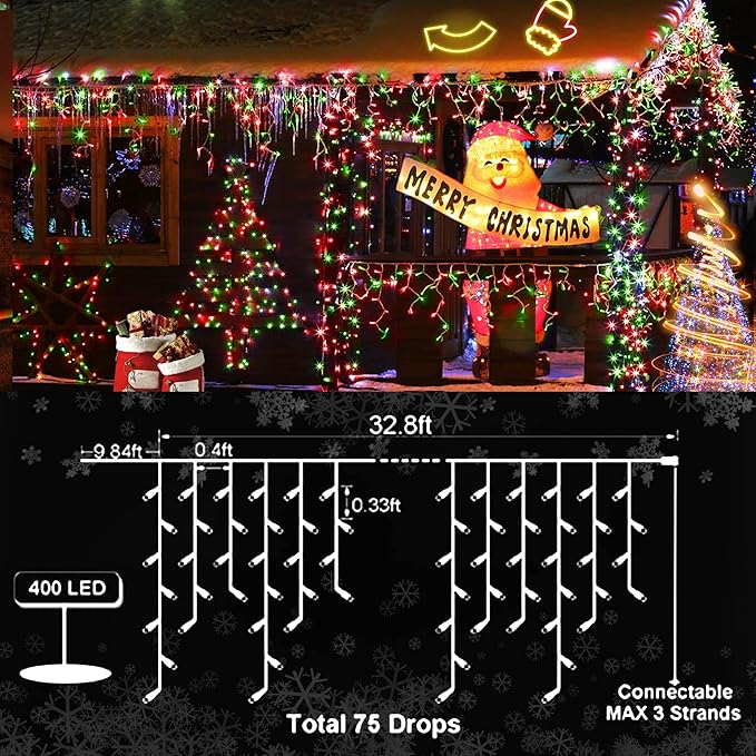 KNONEW Christmas Lights Outdoor Decorations 400 LED 33ft 8 Modes Curtain Fairy - Image 3