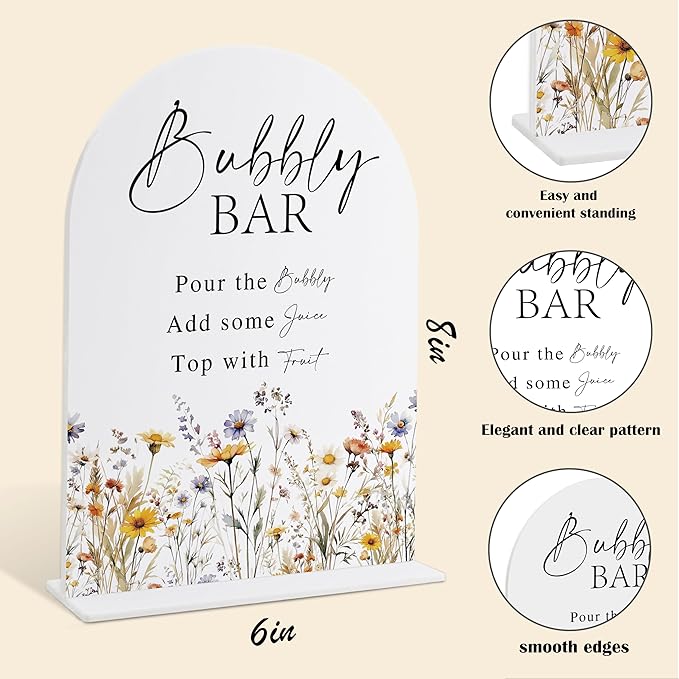 Wedding Signs for Ceremony and Reception, Boho Floral Acrylic Bubbly Bar Sign - Image 2