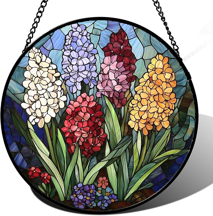 Stained Glass Window Hanging, Colorful Hyacinth Flowers Suncatcher by DASTOLL