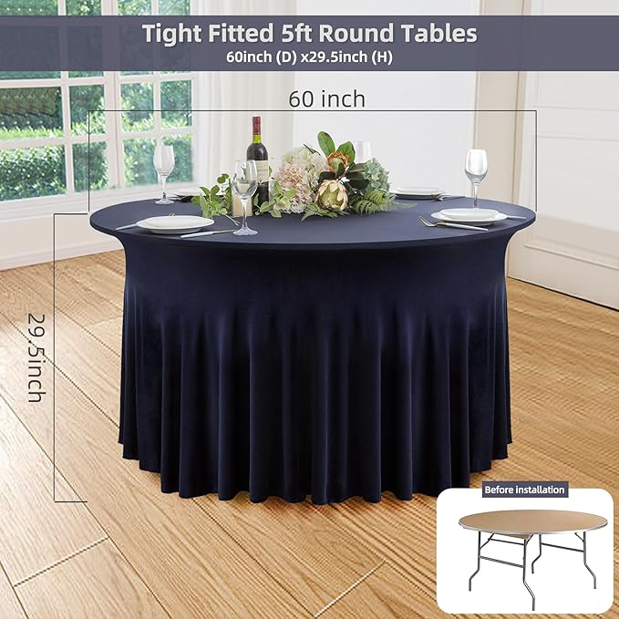6 Pack Navy Blue Round Spandex Tablecloth 60 Inch, Wrinkle Free Stretch 120 - Image 6