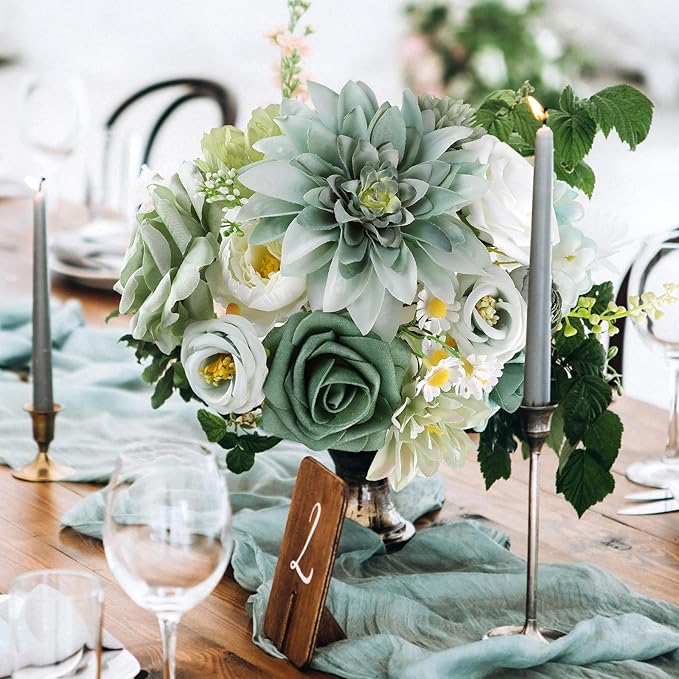 AmyHomie Forest Sage Green White Artificial Flowers Combo Silk Rose Fake - Image 2