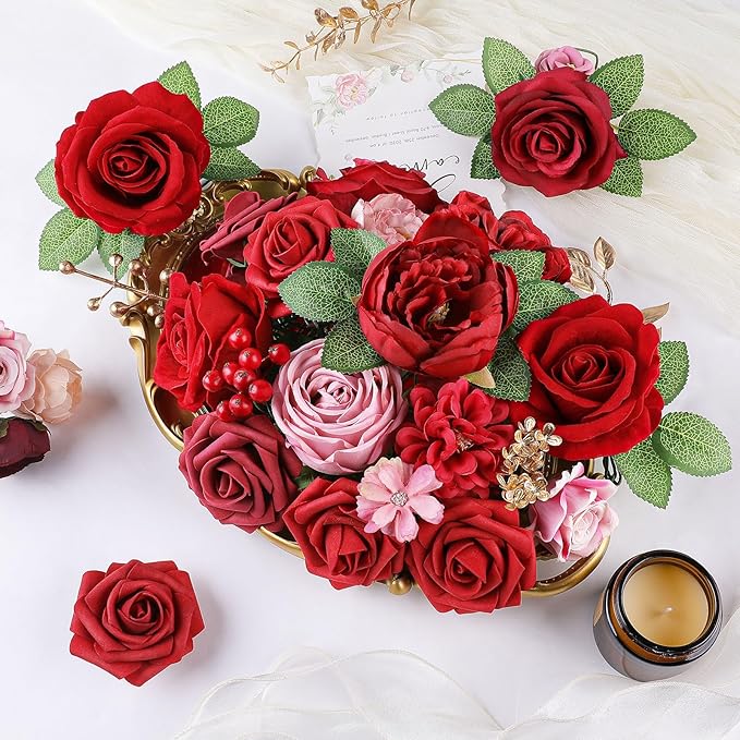AmyHomie Red Artificial Flowers Combo Silk Mix Peony Rose Fake Flowers w/Stem - Image 5