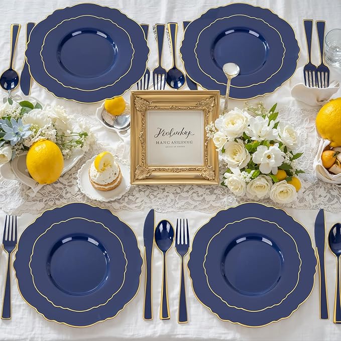 WDF 180PCS Blue Plastic Silverware -Blue and Gold Plastic Cutlery 60 Forks - Image 6