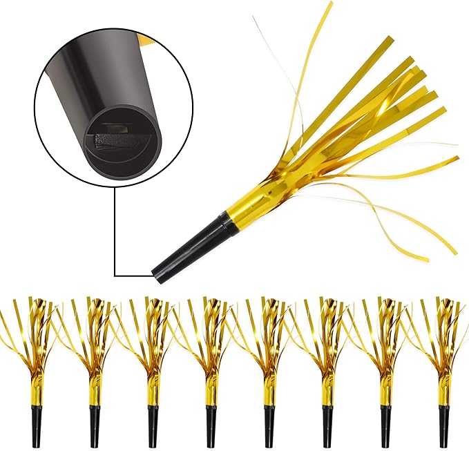 50 Pcs Metallic Fringed Party Blowers Noise Makers Gold Black Blowout Whistle - Image 2