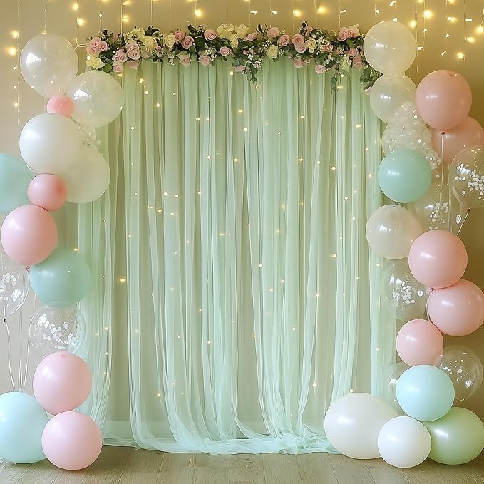 Tulle Backdrop Curtain with Lights String 10FT X 8FT Sage Green Sheer Tulle - Image 5