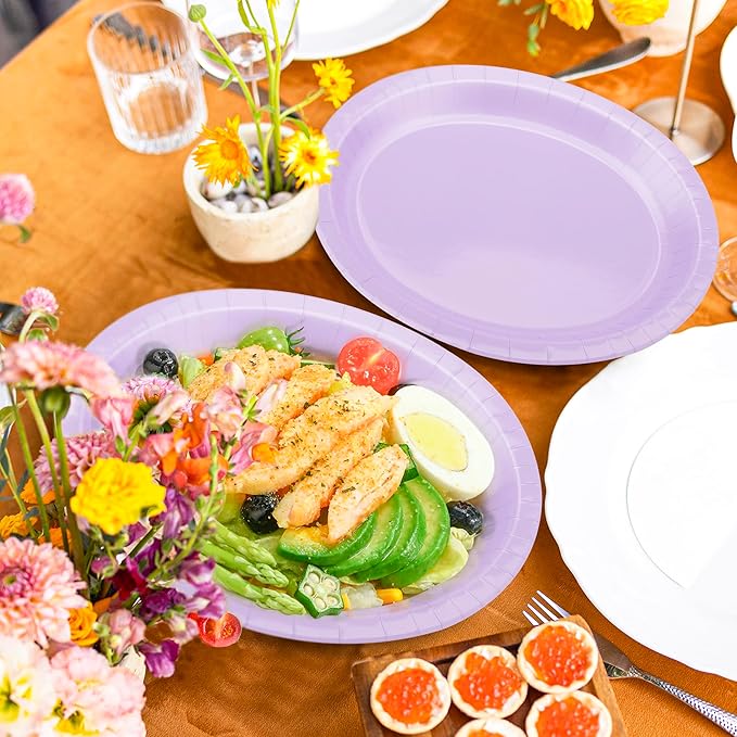 QZYL 50 Count Oval Paper Plates, 12.2'' X 10.2'' Large Lavender Disposable - Image 5