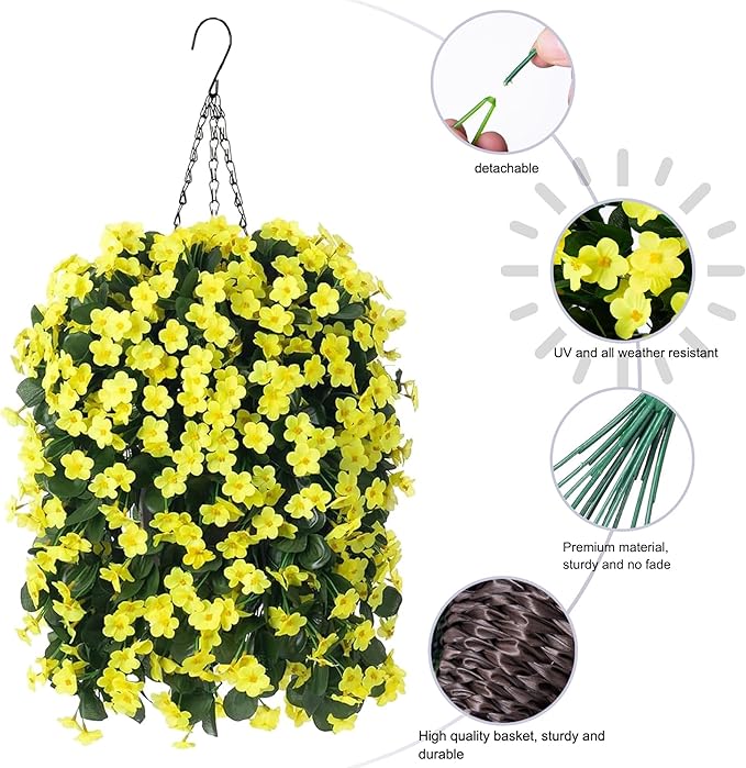 HyeFlora Artificial Fake Hanging Outdoor Flowers Plants Basket, Faux Silk - Image 3