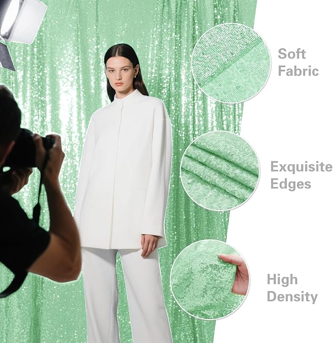 Mint Green Sequin Backdrop Curtain 4 Pieces 2FTx8FT Glitter Photography Backdrop - Image 4