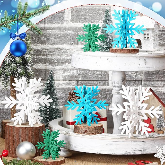 Bucherry 12 Pcs Wooden Snowflake Table Decor 3D Snowflake Tabletop Signs and - Image 3