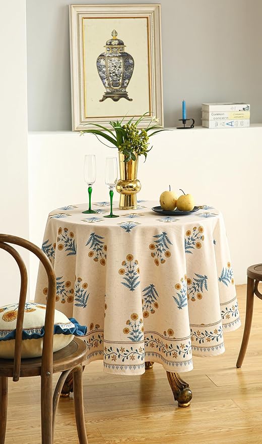 ISAENNE Designer French Pale Yellow Small Round Tablecloth, Linen Floral Table - Image 8