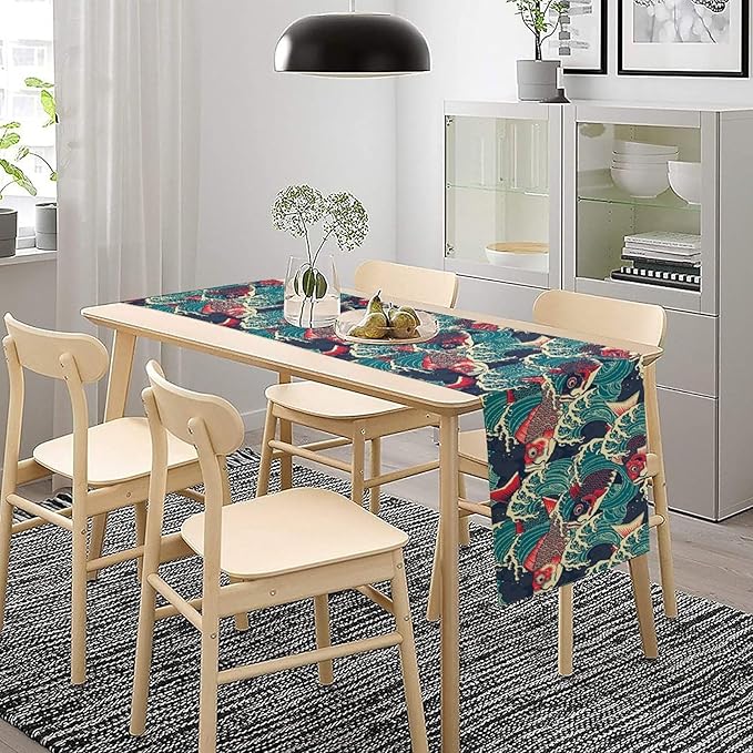 Kio Fish Table Runner Waves Japanese Tradition Art Printed Burlap Runner Home - Image 6