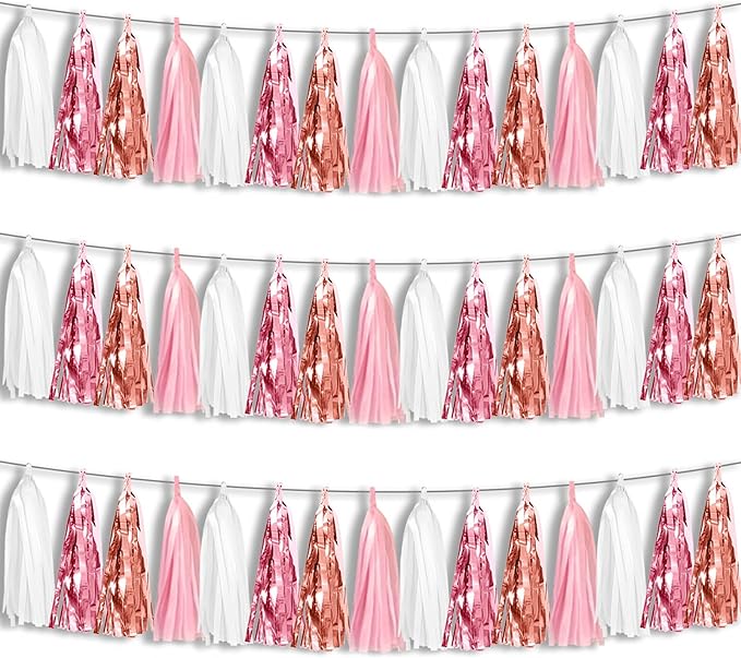 3P Pink White Peach Rose Gold Tassels Foil Fringe Metallic Garland Banner by HYSILLA