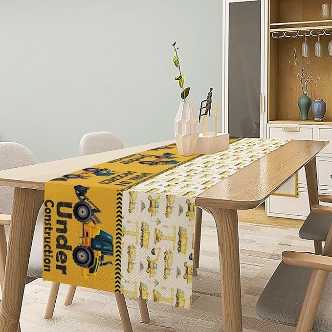Cartoon Car Table Runner, Boys Kids Construction Vehicles Truck Yellow Print - Image 5