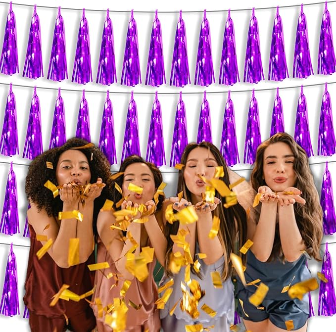 4P Purple Foil Fringe Tassel Banner Garland Metallic Tinsel Streamers Wall - Image 6