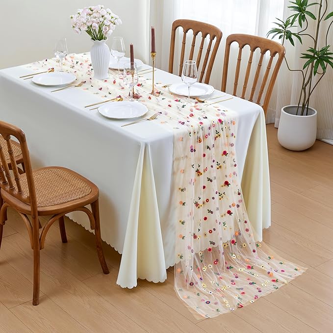 JIALE Champagne Floral Table Runner, Embroidery Daisy Seasonal Table Decorations - Image 4
