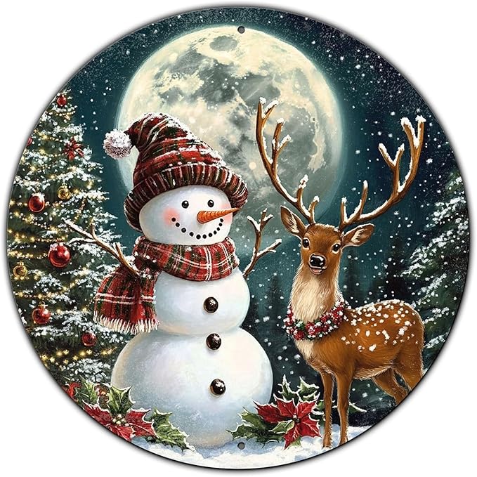 Christmas Snowman Decor Round Metal Tin Sign Christmas Deer Vintage Tin Sign by GJXFTPTTBD