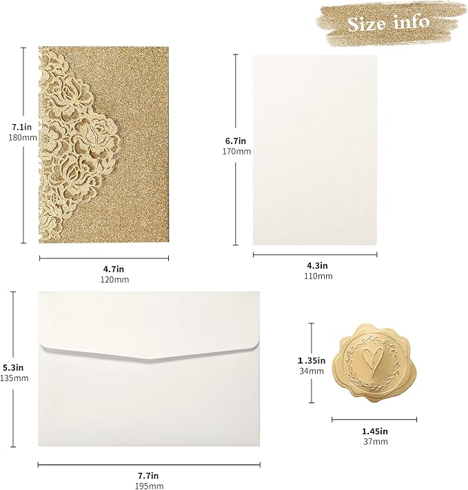 DORIS HOME 50pcs Laser Cut Quinceanera Invitations Gold Glitter, 4.7x7.1 Blank - Image 2