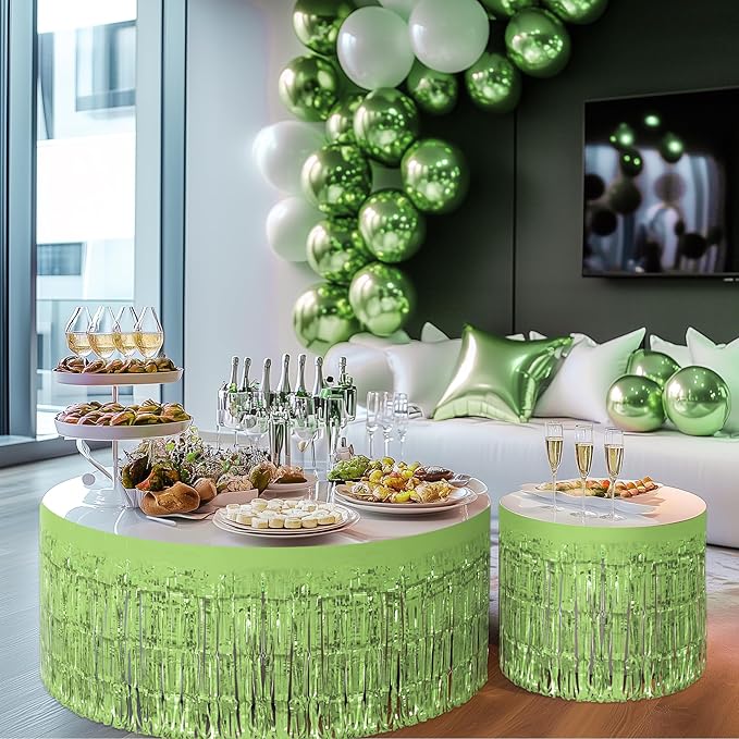 4 Pack Light Green Table Skirts, 29x108" Metallic Foil Tinsel Fringe Table - Image 9