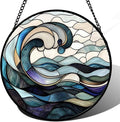 Stained Glass Window Hanging, Ocean Waves Sun Catchers Diamond Glass Panel by DASTOLL