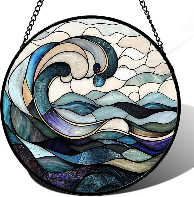 Stained Glass Window Hanging, Ocean Waves Sun Catchers Diamond Glass Panel by DASTOLL
