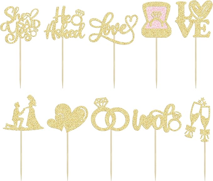 Ephlyn 30Pcs He Asked She Said Yes Cupcake Toppers Glitter Engagement Cupcake by Ephlyn