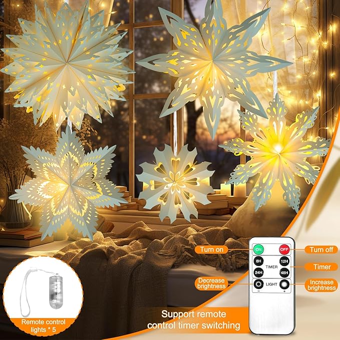 5 Pack Christmas Paper Snowflake Lanterns, Christmas Paper Star Lantern - Image 3