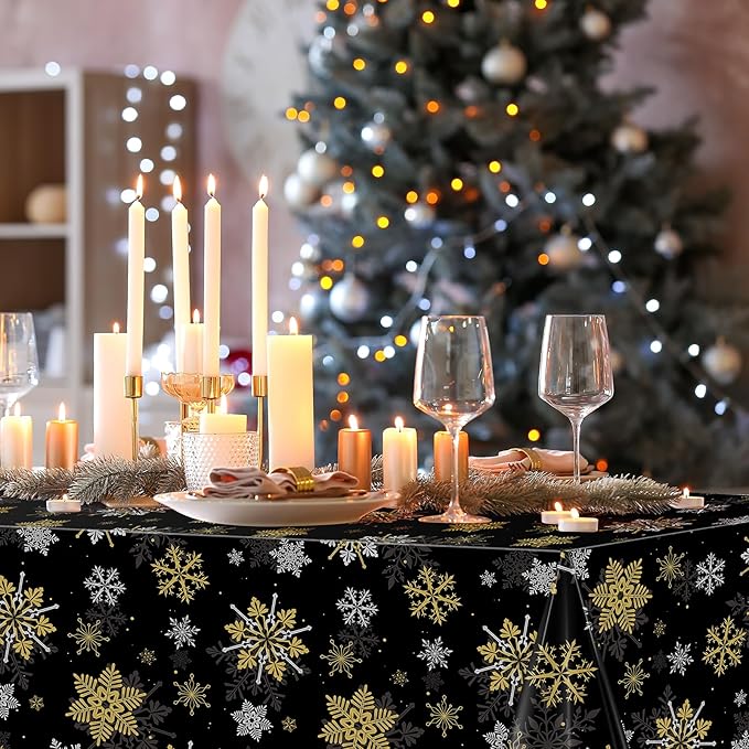 6Pcs Christmas Snowflake Party Tablecloths Decorations, Plastic Black and Gold - Image 6
