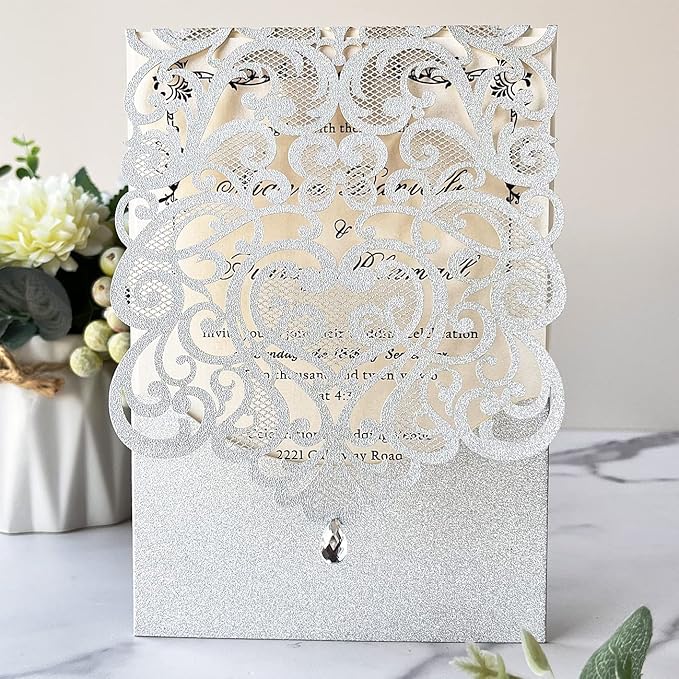 Hosmsua 5.1 x 7.3 Inch 50PCS Silver Glitter Wedding Invitation Cards - Image 2