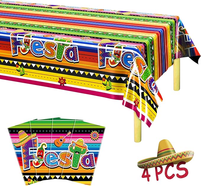 4 PCS Cinco De Mayo Tablecloth, Disposable Mexican Striped Table Covers by QZYL