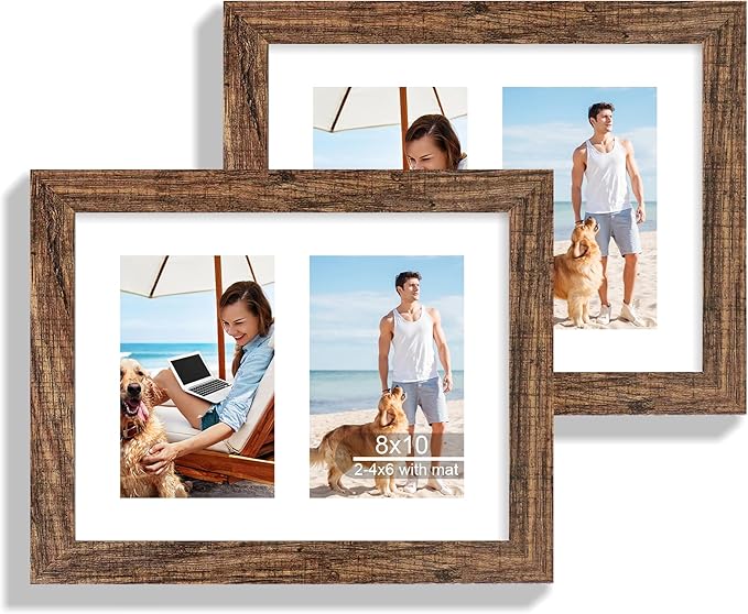 8x10 Picture Frame Set of 2, Rustic Brown Wood Frame by Hongkee
