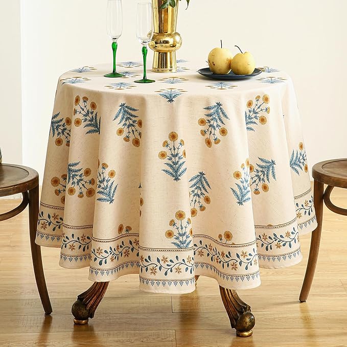 ISAENNE Designer French Pale Yellow Round Tablecloth, Linen Floral Table Cloth - Image 2