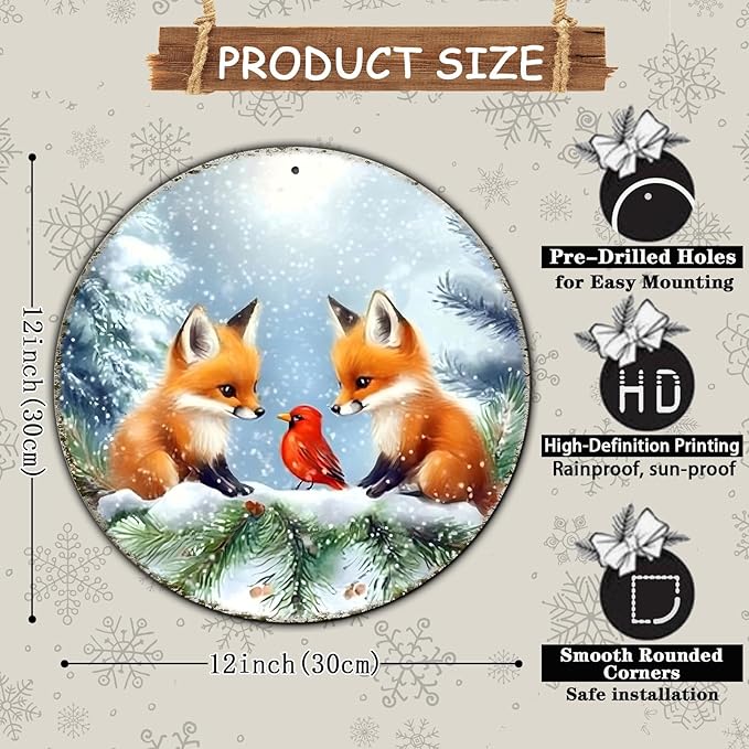 Christmas Round Fox Metal Tin Sign - Image 2