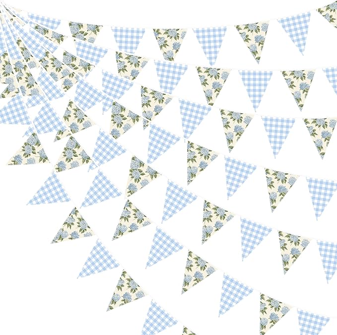 32Ft Blue Flora Party Decorations Blue Gingham HydrangeaTriangle Flag Fabric by pinkblume