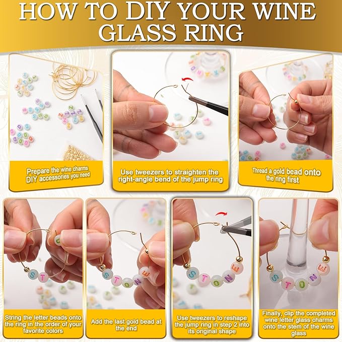 60 Sets DIY Wine Glass Charms – 780 Letter Beads 120 Gold Beads 60 Charm Rings - Image 3
