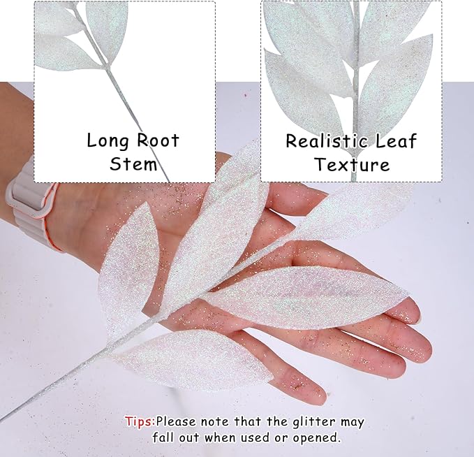GREENTIME 12 Pack Artificial White Glitter Leaves 13" Fake Christmas Picks - Image 2