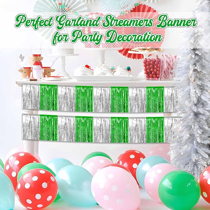 6 Pack 10 Ft Silver Green Foil Fringe Garland Metallic Streamers Tinsel Banner - Image 4