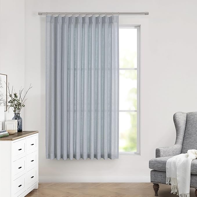 Vision Home Blue Fog Pinch Pleated Semi Sheer Curtains Textured Linen Blended by VisionHome